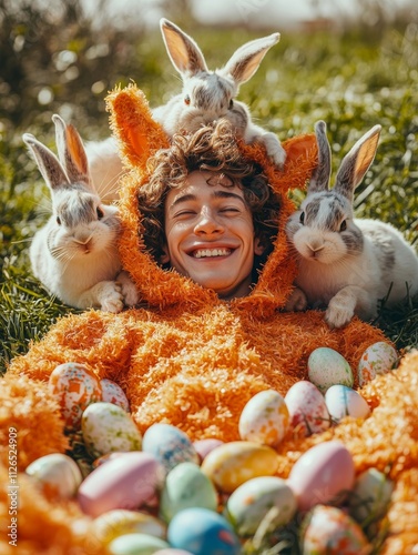 A delightful image featuring a man in an orange bunny outfit, joyfully interacting with cute bunnies on fresh grass. photo