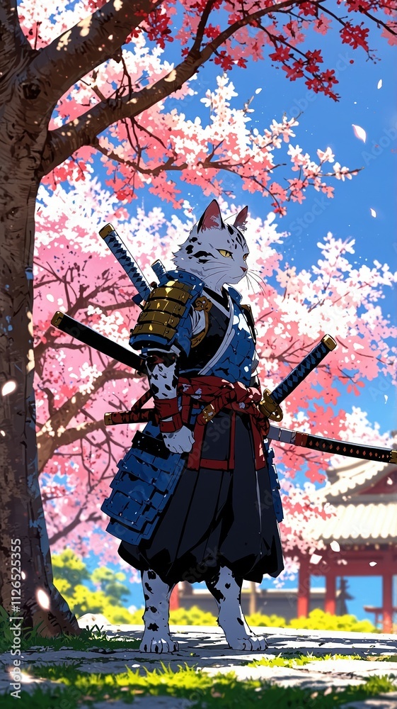 Samurai cat character stands proudly under cherry blossoms, wearing ornate armor, with swords at side, conveying strength and tranquility. anime style illustration Samurai cat character stands proudly under cherry blossoms, wearing ornate armor, with swords at side, conveying strength and tranquility. anime style illustration