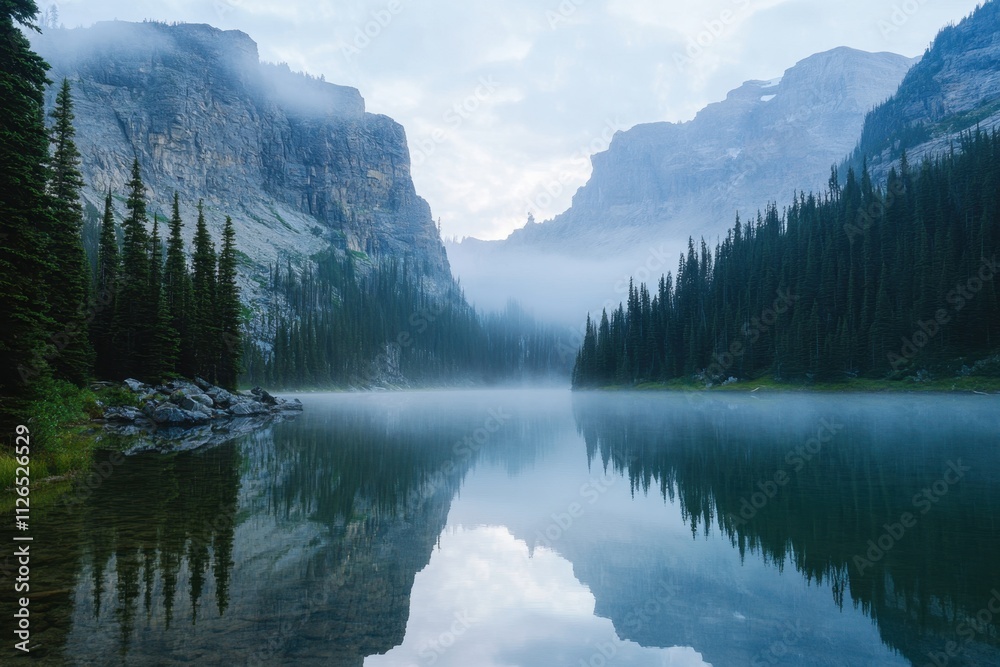 Tranquil mountain lake scene reflecting misty peaks nature landscape peaceful environment serene viewpoint idyllic concept for outdoor enthusiasts and nature lovers Tranquil mountain lake scene reflecting misty peaks nature landscape peaceful environment serene viewpoint idyllic concept for outdoor enthusiasts and nature lovers