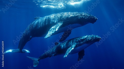 Two humpback whales swimming in the ocean. photo