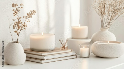 A minimalist flat-lay of living room decor including candles, books, and vases placed on a clean white background