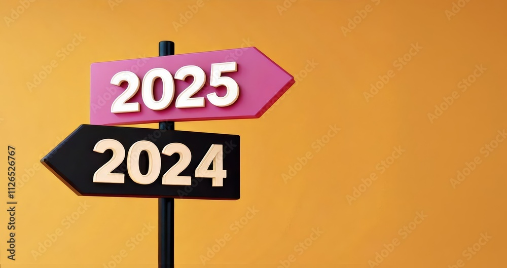 A colorful directional sign points to the years 2024 and 2025 against an orange background. A colorful directional sign points to the years 2024 and 2025 against an orange background.