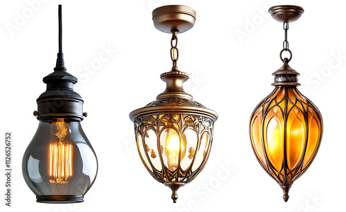 Elegant collection of three hanging lamps, each with unique ornate designs and vintage appeal, showcasing interior decor and lighting fixtures, PNG image, Cutout, Isolated on white background photo