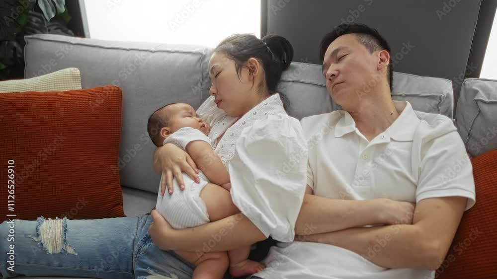 Parents resting on a sofa with a baby in an intimate home setting, capturing family love and relaxation indoors. Parents resting on a sofa with a baby in an intimate home setting, capturing family love and relaxation indoors.