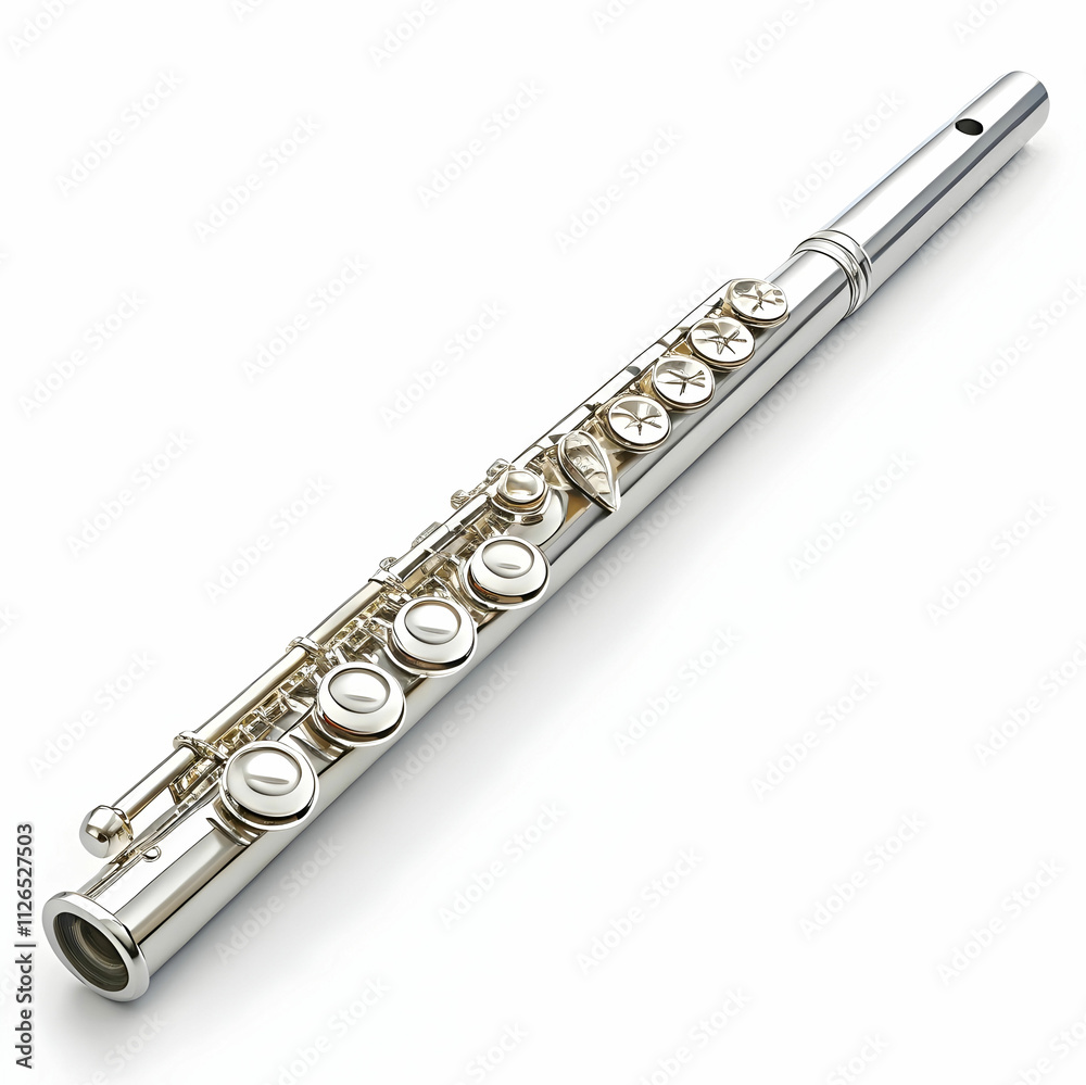 Fototapeta premium A shiny silver flute with elegant finger keys, producing smooth,