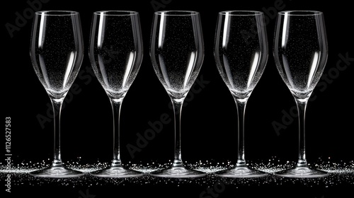 Champagne flutes with edible glitter, festive New Year s presentation selective focus, luxury theme, surreal, manipulation, party table backdrop photo