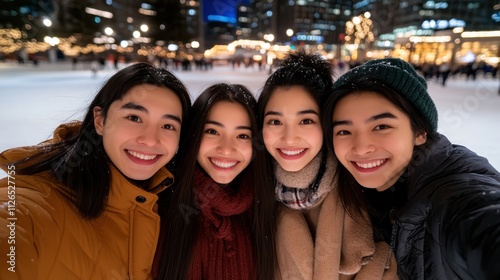 Friends bundled in winter coats taking a group selfie on New Year s Eve selective focus, bonding theme, warm, overlay, snowcovered city backdrop photo