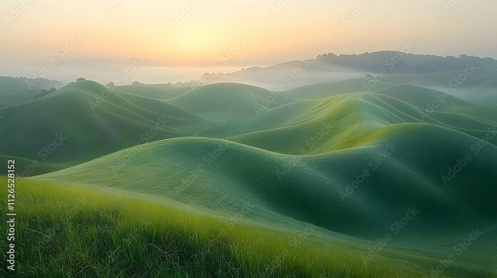 Sunrise Over Rolling Green Hills, Serene Landscape Sunrise Over Rolling Green Hills, Serene Landscape