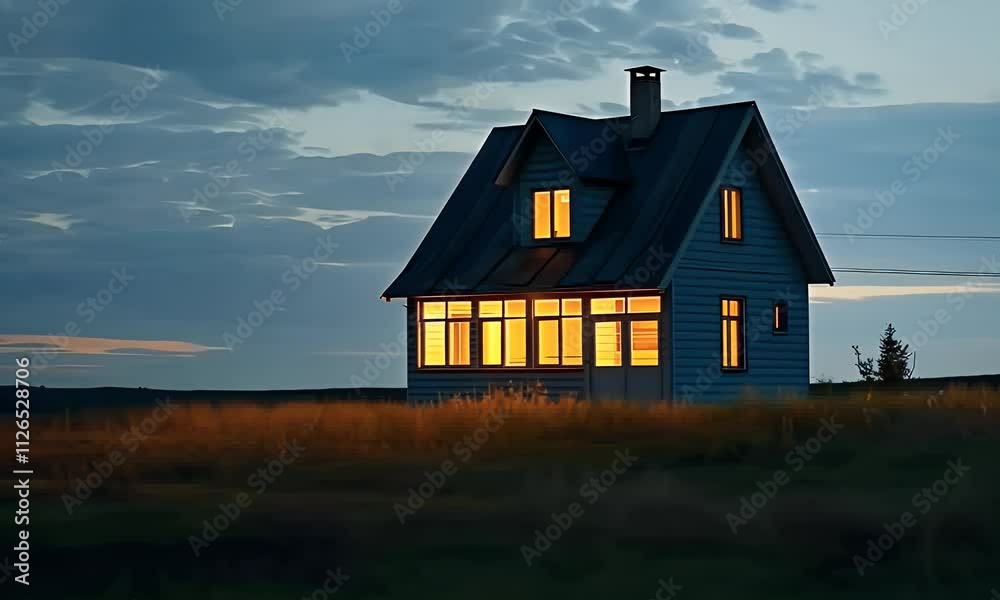 A countryside house illuminated at twilight, surrounded by a vast, golden field under a calm, cloudy evening sky. A countryside house illuminated at twilight, surrounded by a vast, golden field under a calm, cloudy evening sky.