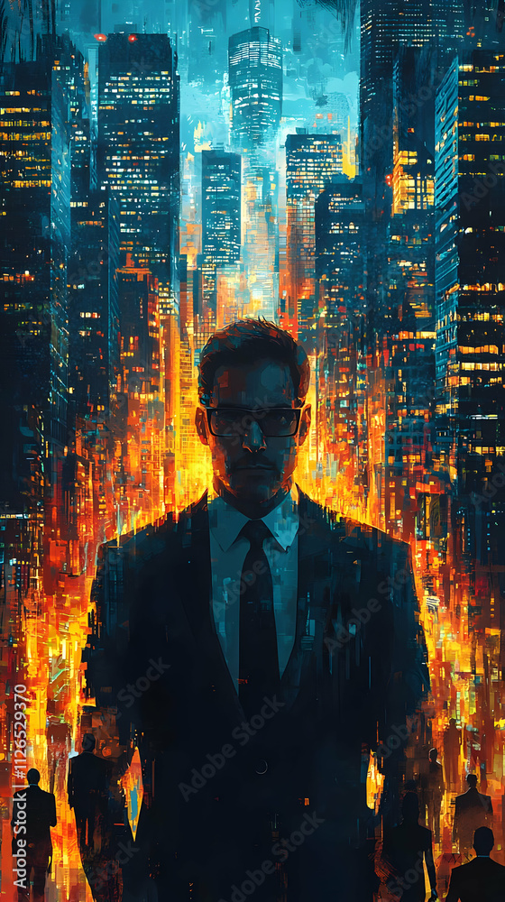 Cityscape Man Walks Night Streets Fiercely Cityscape Man Walks Night Streets Fiercely