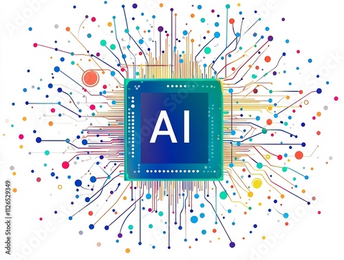 Cutting Edge Computer Chip with AI Powered Wires and Dots on White Background photo