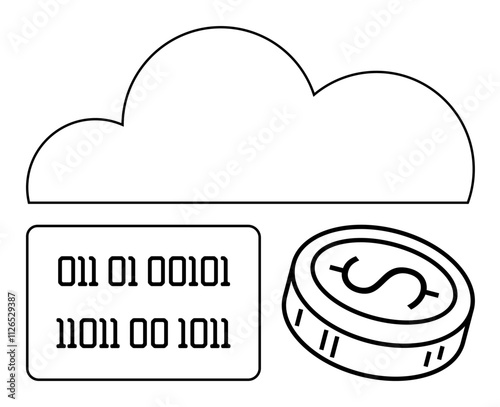 Cloud icon represents digital storage, binary code symbolizes data, and coin signifies digital currency. Ideal for tech, finance, online transactions, data storage, cybersecurity, innovation