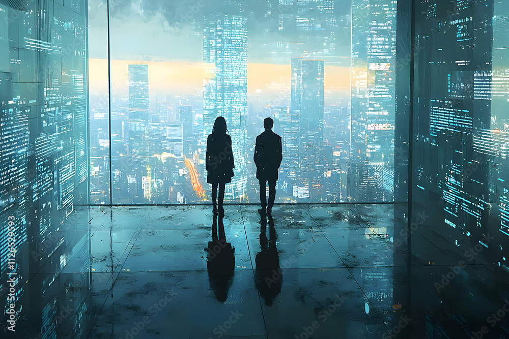 City View: Two Figures Contemplate Urban Future City View: Two Figures Contemplate Urban Future