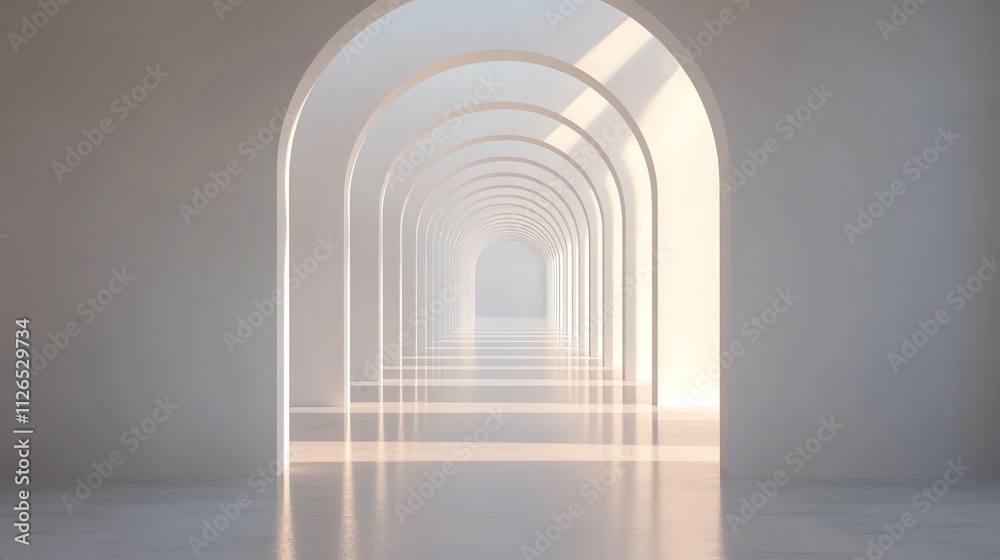 A long, narrow hallway with white arches. A long, narrow hallway with white arches.