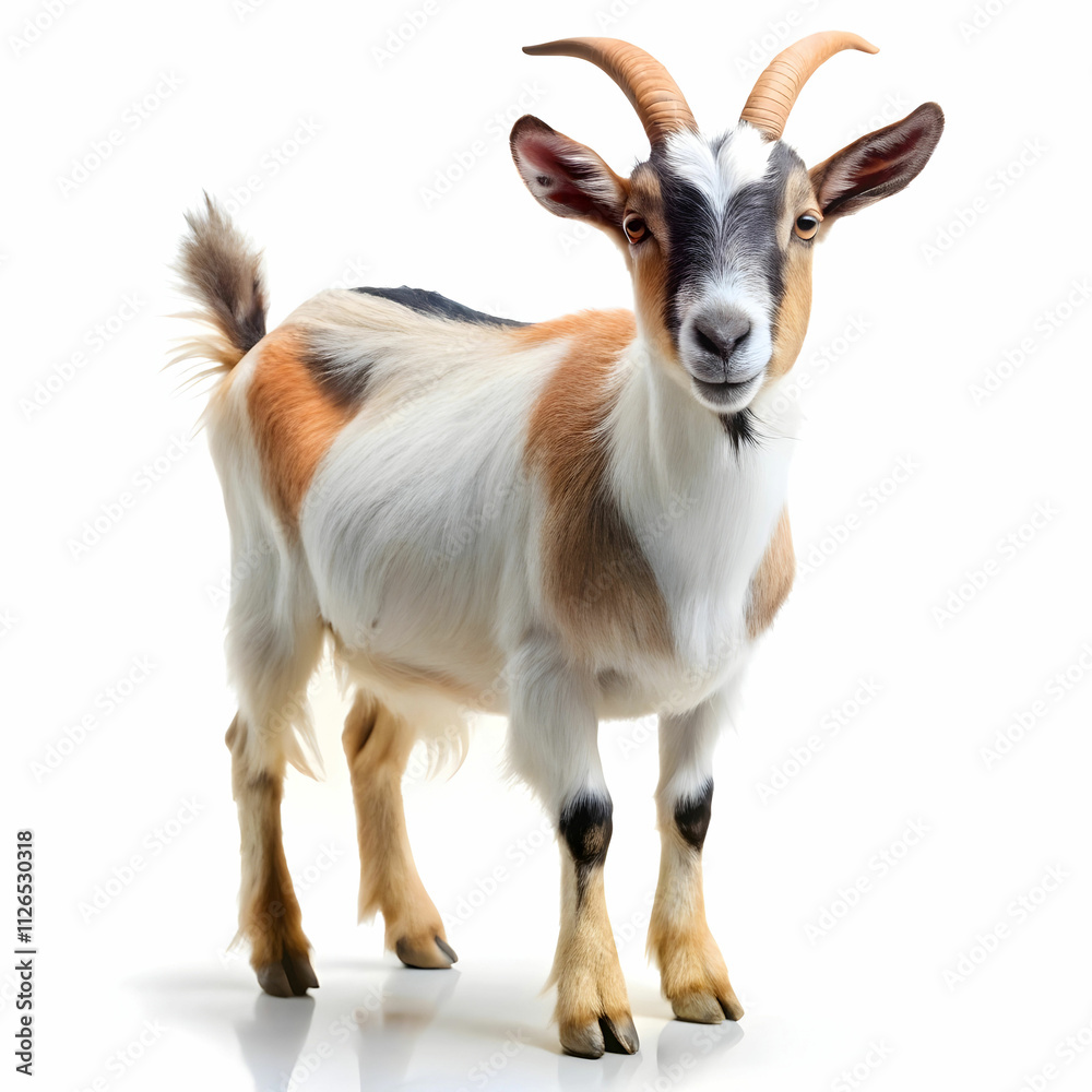 A goat displayed on a white background, showcasing its distinctive features like horns,