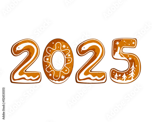 Festive Happy 2025 New Year gingerbread cookies with icing. Isolated vector illustration