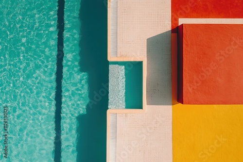Bright colors surround a refreshing swimming pool with defined lanes, ideal for both leisure and competitive activities during daytime. Generative AI