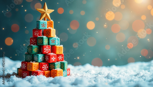 Christmas tree made of colorful children's wooden cubes with a yellow star on a blue background with bokeh. Bright educational toys for children