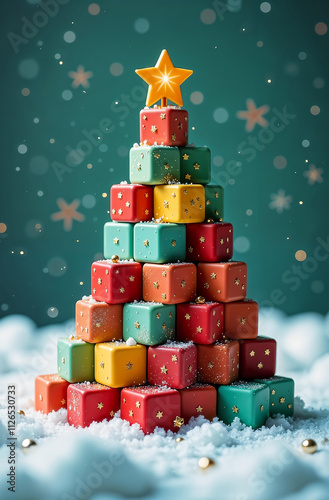 Christmas tree made of colorful children's wooden cubes with a yellow star on a blue background with snowflakes. Bright educational toys for children