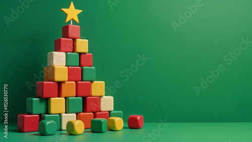 Christmas tree made of colorful children's wooden cubes with a yellow star on a green background. Bright educational toys for children
