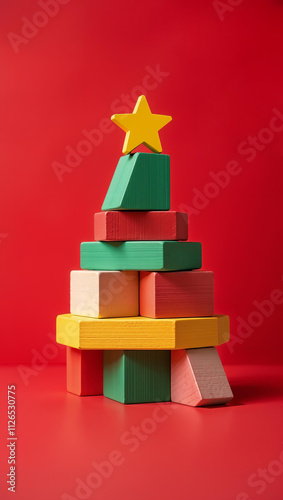 Christmas tree made of colorful children's wooden construction kit with a yellow star on a red background. Bright educational toys for children
