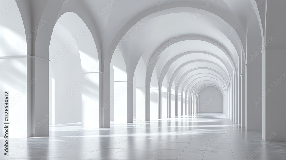 A long, narrow hallway with white arches. A long, narrow hallway with white arches.