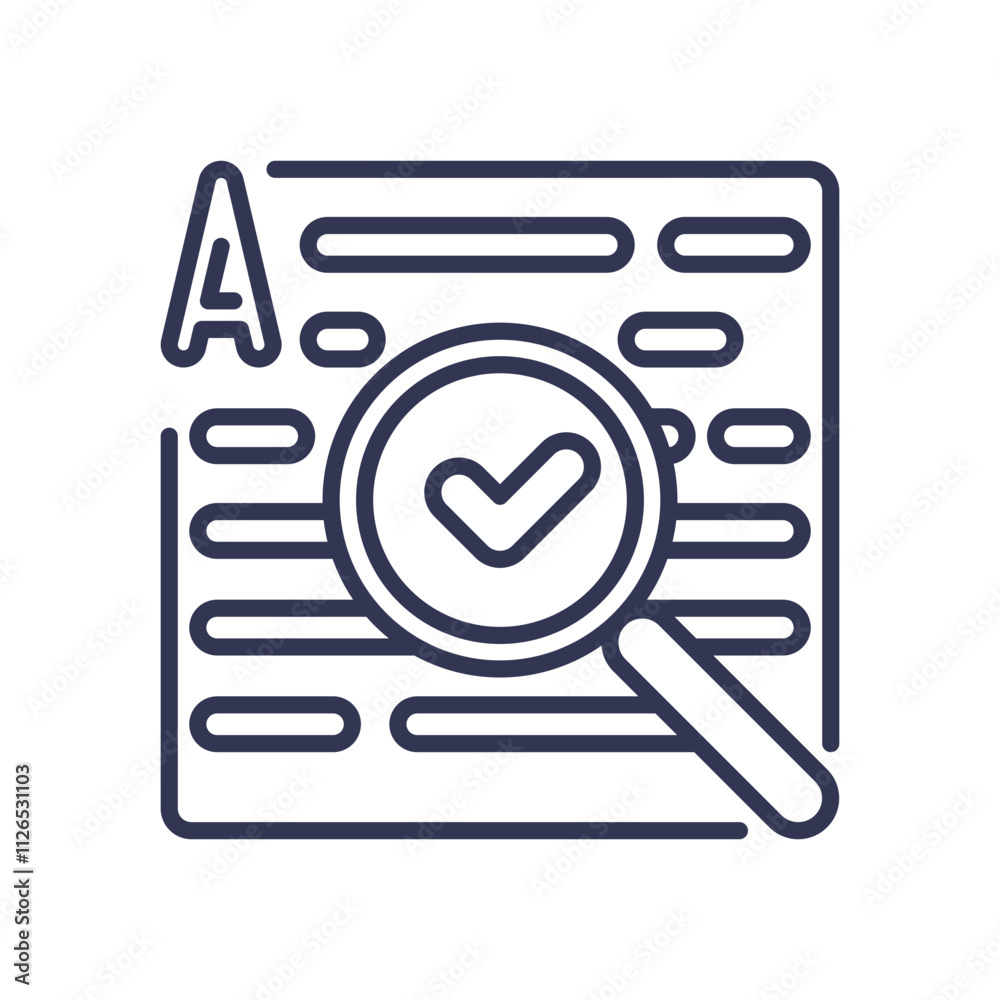 Magnifying glass over text with a checkmark, symbolizing keyword research and analysis. Magnifying glass over text with a checkmark, symbolizing keyword research and analysis.