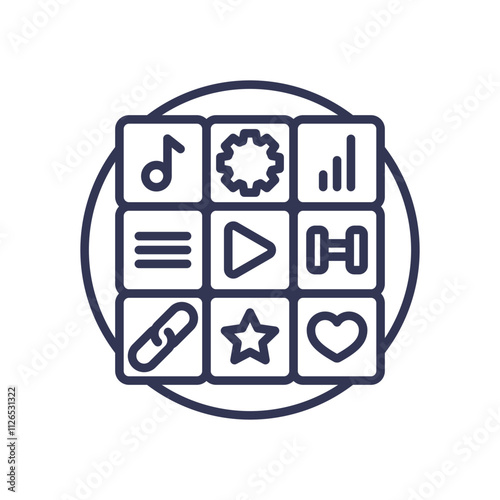 Icons representing diverse content types like music, video, and text, symbolizing content variety.