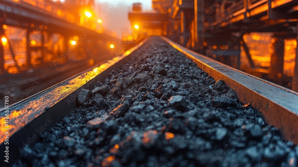 Conveyor belt transporting coal at an industrial site during dusk Conveyor belt transporting coal at an industrial site during dusk