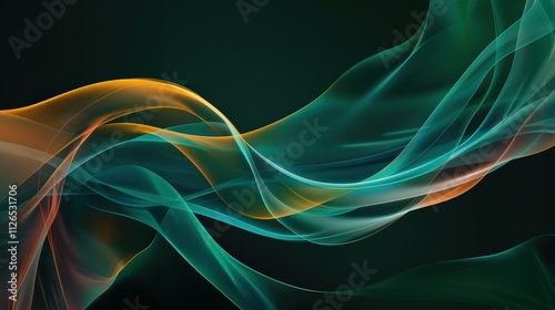 Abstract background with green, blue and orange wavy lines on a dark green background