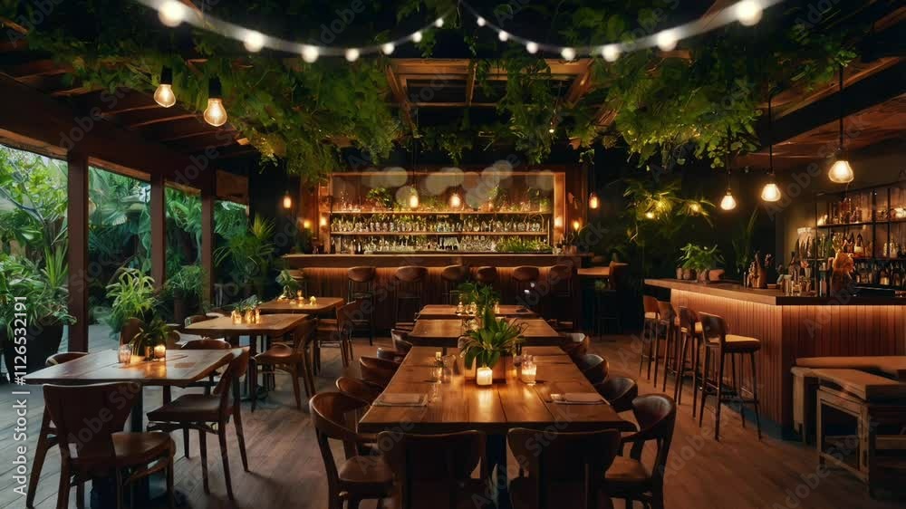 outdoor bar with romantic atmosphere and decorative lights at night, seamless looping 4k video animation background