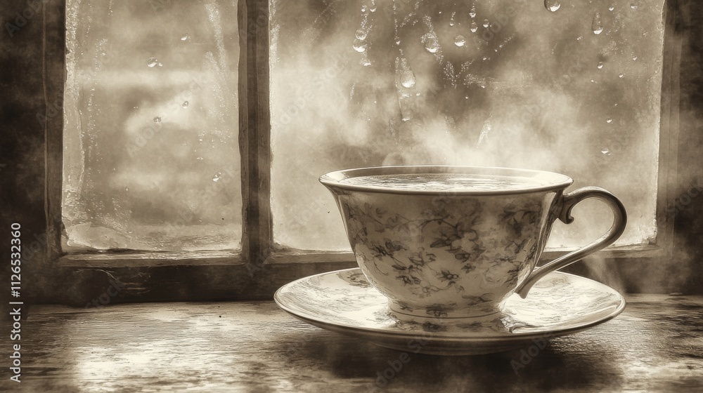 hot beverage in ceramic cup and saucer, scattered water droplets, misty window backdrop, intimate still life photography, gentle steam rising, nostalgic sepia mood