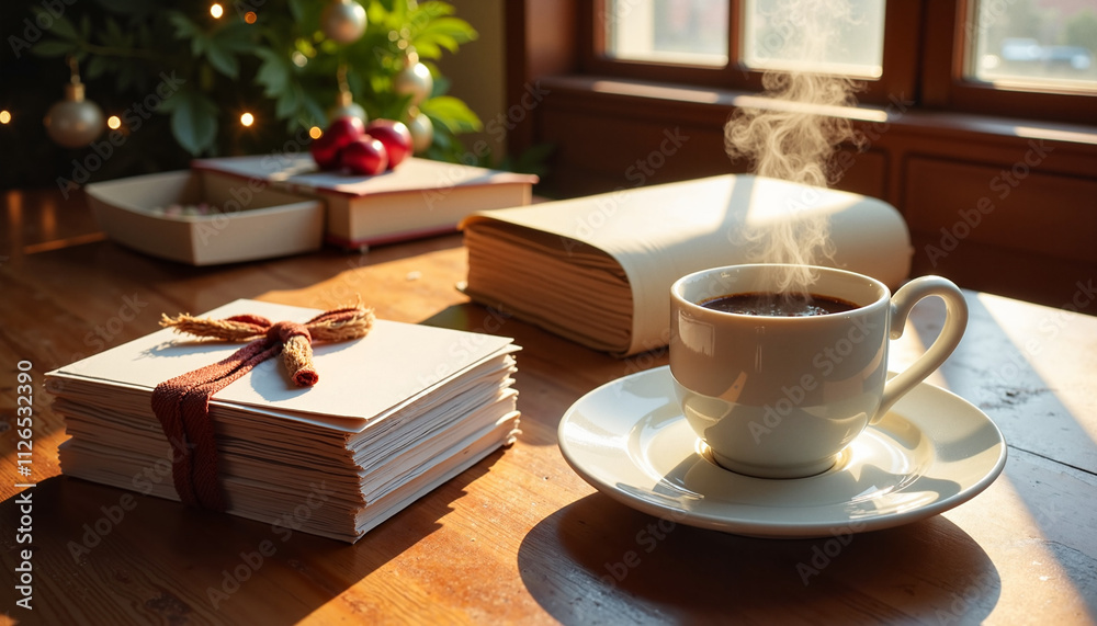 Steaming coffee next to a pile of festive cards and books in a cozy setting Steaming coffee next to a pile of festive cards and books in a cozy setting