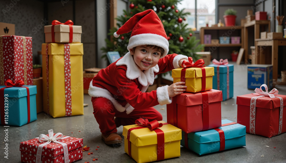 Joyful boy in a Santa costume unwrapping colorful presents during Christmas in a festive indoor setting Joyful boy in a Santa costume unwrapping colorful presents during Christmas in a festive indoor setting