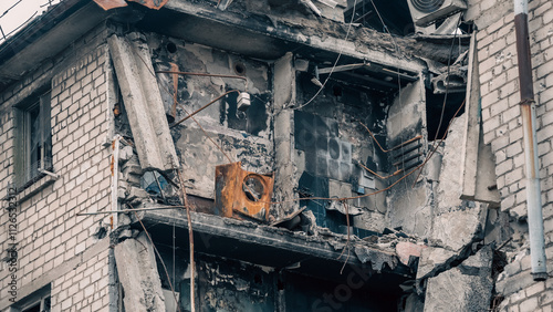 destroyed and burned houses in the city in Ukraine