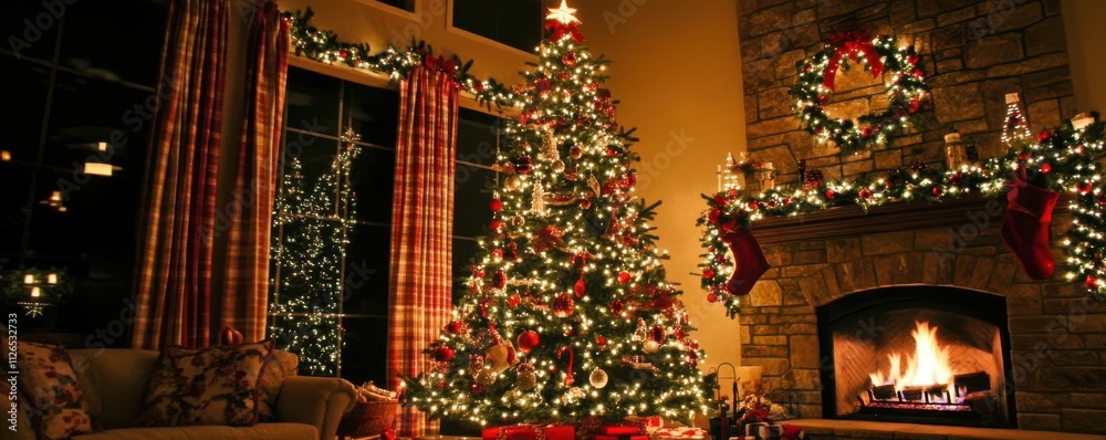Christmas Tree with Decorations Near a Fireplace with Lights Christmas Tree with Decorations Near a Fireplace with Lights