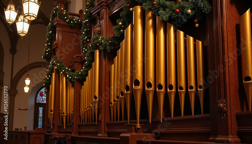 Ornate golden organ pipes decorated for Christmas in a historic church