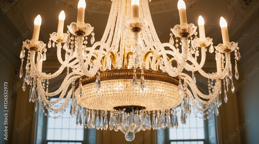 Obraz premium Elegant crystal chandelier with multiple arms and candles, adorned with sparkling crystals, brightening a luxurious interior.