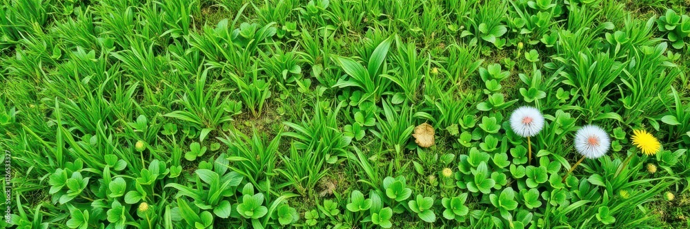 Lush, vibrant Canadian grass texture with patches of clover and dandelions, growth Lush, vibrant Canadian grass texture with patches of clover and dandelions, growth