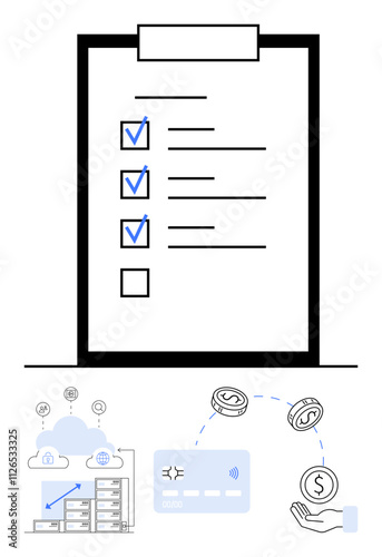 Financial management checklist, items checked on clipboard. Includes cloud server, contactless payment card, currency symbols, and hand holding a coin. Ideal for finance, organization, technology