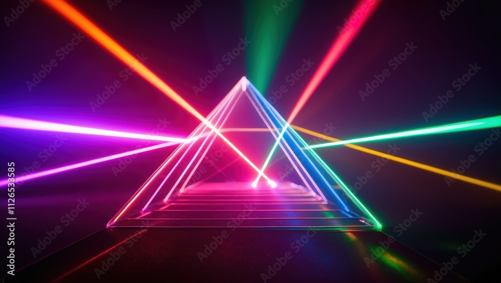 Vibrant beams of colored light emanate from a glass prism, creating a mesmerizing visual effect against a dark background. Vibrant beams of colored light emanate from a glass prism, creating a mesmerizing visual effect against a dark background.