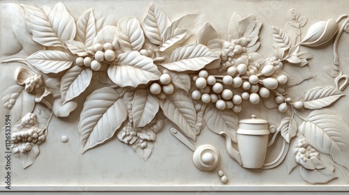 classical coffee harvest relief artwork, detailed coffee plant anatomy, ornamental floral composition, dimensional botanical sculpture, antique coffee making tools, ivory toned wall decor photo