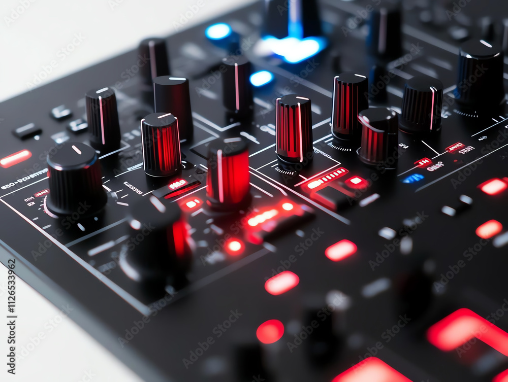 Close-up view of a modern audio synthesizer with illuminated controls and knobs for music production. Close-up view of a modern audio synthesizer with illuminated controls and knobs for music production.