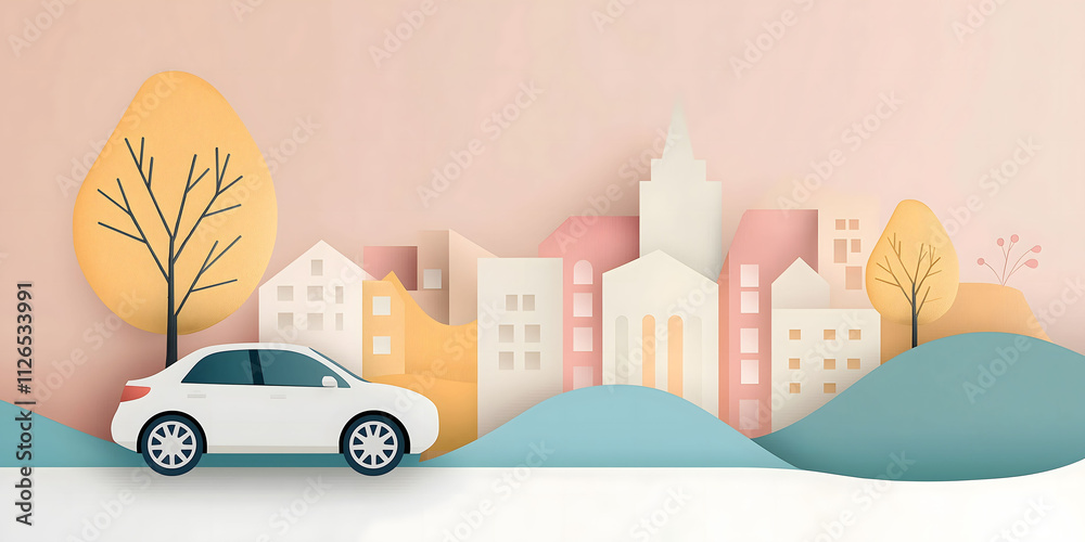 Illustration of an electric car in a pastel-colored cityscape with hills and trees, symbolizing sustainable transportation, eco-friendly urban living, harmony between technology and the environment