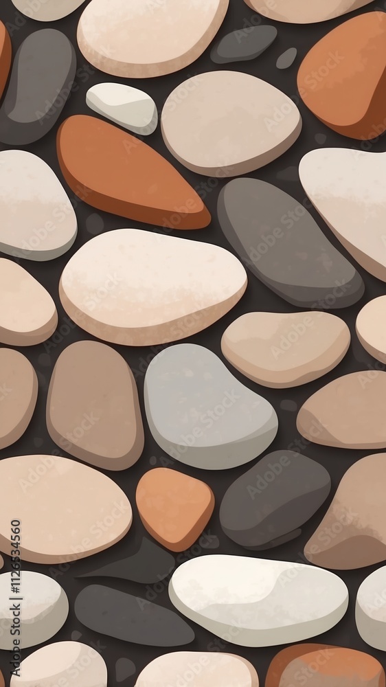 Colorful collection of smooth, rounded pebbles in earthy tones: beige, brown, gray, and white, arranged over a dark background. Colorful collection of smooth, rounded pebbles in earthy tones: beige, brown, gray, and white, arranged over a dark background.