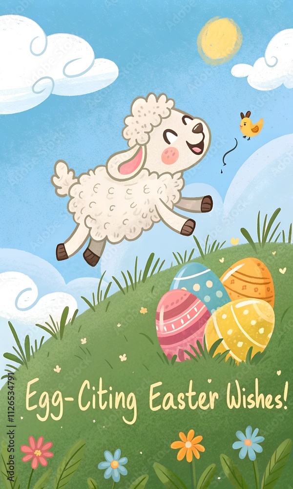 Playful cartoon sheep jumping with colorful Easter eggs and cheerful text Playful cartoon sheep jumping with colorful Easter eggs and cheerful text