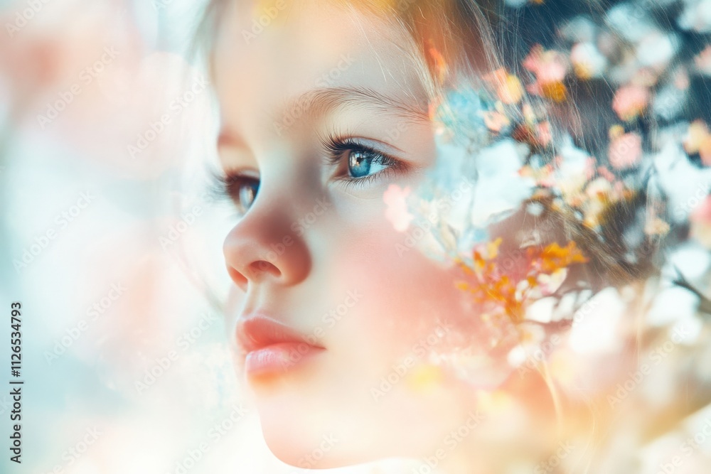Fototapeta premium dreamy portrait of a child with soft focus and floral overlay