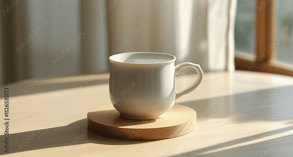 Delicate White Coffee Cup on Wooden Coaster, Perfect for a Cozy Morning Delicate White Coffee Cup on Wooden Coaster, Perfect for a Cozy Morning