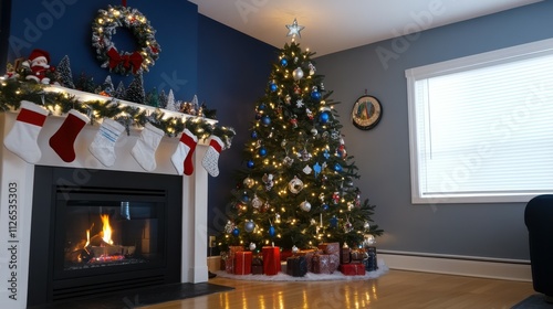 Christmas Tree with Decorations Near a Fireplace with Lights