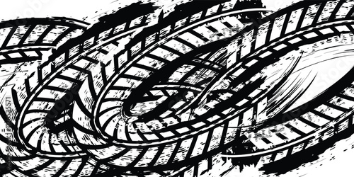 Car tire tread grunge element. Car and motorcycle tire pattern, wheel tire tracks. Black tire print. Vector illustration isolated on white background.